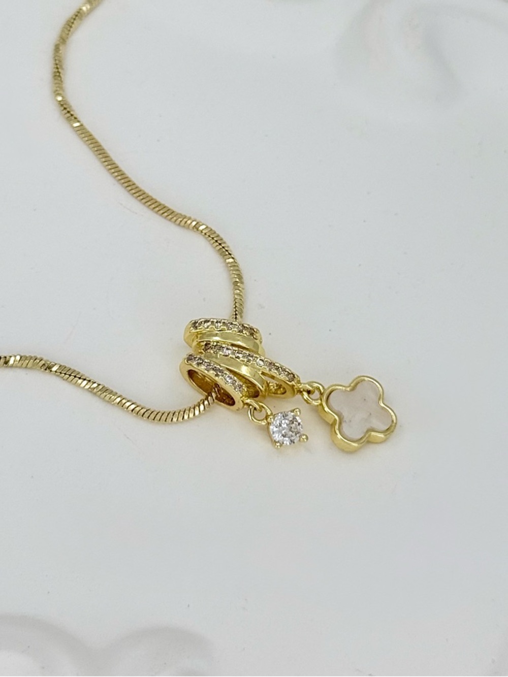 14K Gold Plated MoP Clover Necklace | CZ Pavé Rings & Crystal Charm - Picture 6 of 12